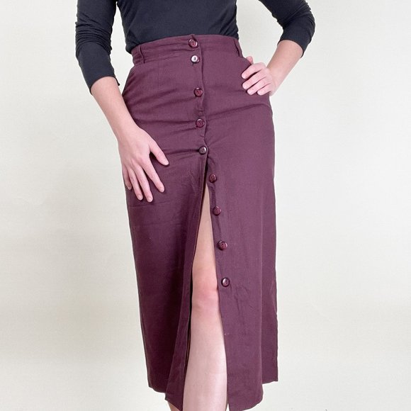 Vintage 100% Silk Midi Skirt Column Straight Cut Slit High Rise Waist Button Up - Picture 7 of 7